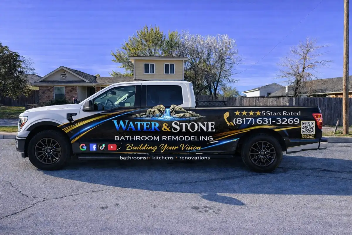 Water and Stone Bathroom Remodeling branded work truck in Fort Worth