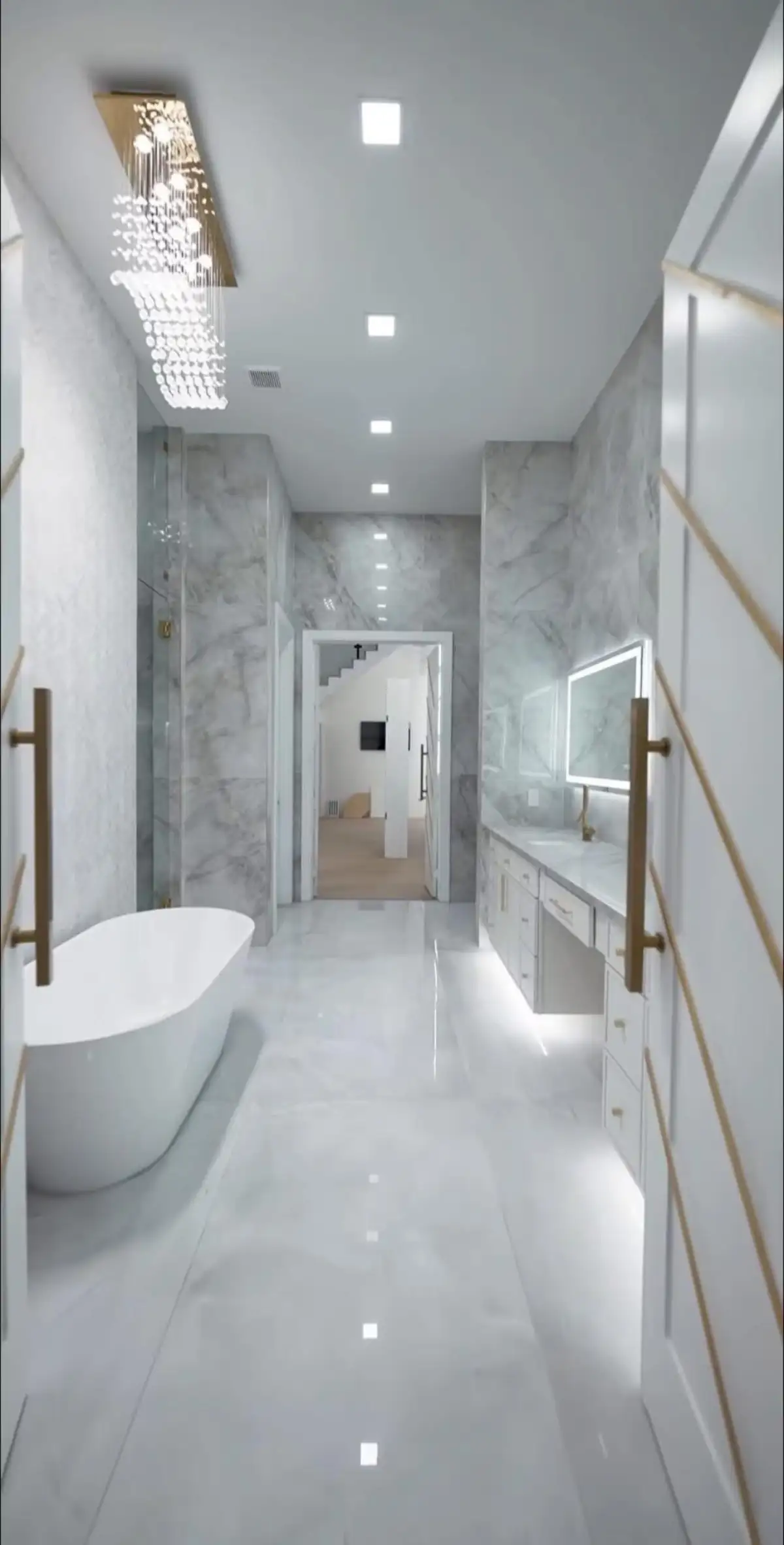 Ultra-luxury long bathroom with crystal chandelier, marble surfaces, and LED mirror